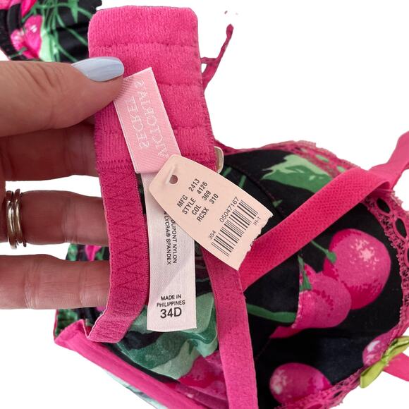 Victoria Secret Bra 34D Pink Cherry Print Black Underwire Vintage 2003 Y2K Tags - Picture 9 of 12